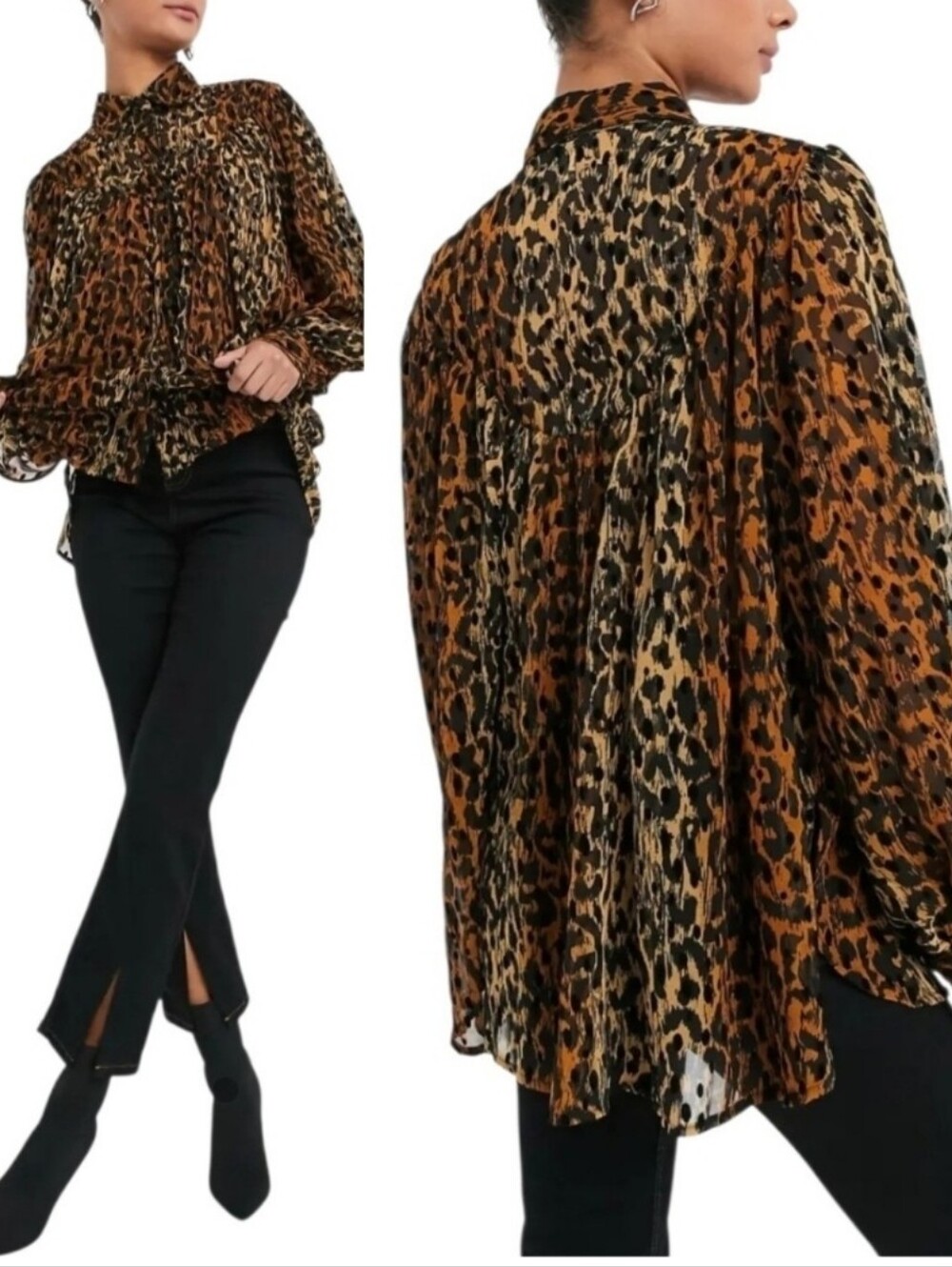 Topshop Brown Animal Print Flocked Relaxed Oversized Shirt Blouse Womens 2 & 4